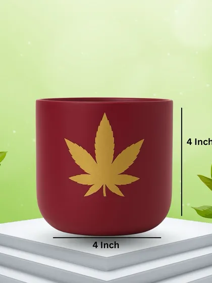This 4x4 inch red terracotta planter features a bold golden leaf design. The dimensions are clearly marked to help you visualize its size, making it a great choice for small to medium-sized indoor plants.