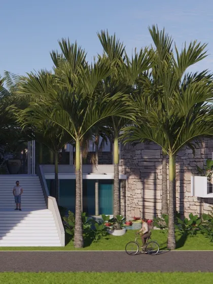 Another view of the modern farmhouse render, this time focusing on the entrance. The design combines natural stone walls with a clean, white structure and a grand staircase, creating a powerful first impression.