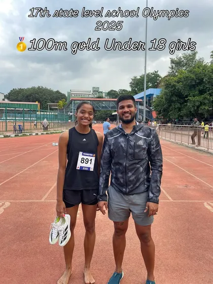 A proud moment for our Under-18 girls' 100m gold medalist, standing with her coach. We believe in nurturing young talent from their first race, providing the guidance and support they need to reach the top of the podium at state and national level school competitions.