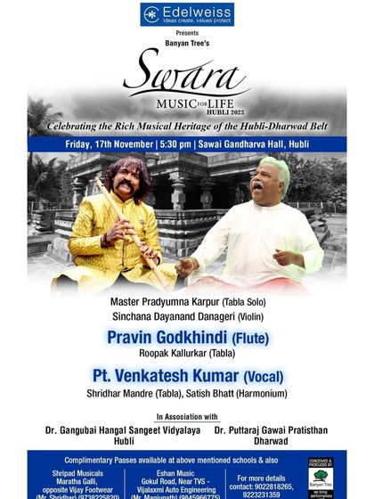 Announcement for 'Swara Music for Life' in Hubli, where I had the pleasure of accompanying the flute maestro Pandit Pravin Godkhindi.