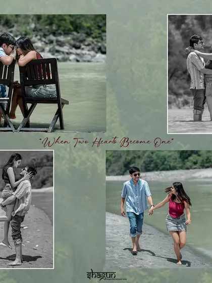 A beautiful collage showcasing the different moods of a riverside shoot. It includes playful lifts, thoughtful moments, and romantic walks, some captured in timeless black and white.