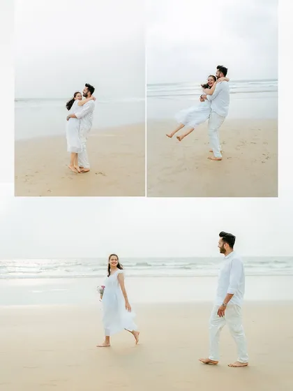 A collage of playful and romantic moments on the beach, showing the variety of poses we can capture in one session.