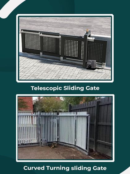 This graphic shows two of our specialized space-saving solutions. The Telescopic Sliding Gate is for entrances with very little retraction space, while the Curved Turning Sliding Gate can navigate corners.