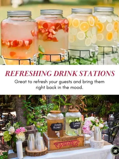 Keep your guests cool and refreshed during outdoor events with our elegant drink stations. We set up a variety of infused waters and juices, like cucumber water and Arnold Palmers, that are both delicious and visually appealing.