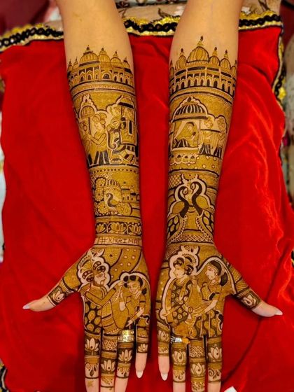 A grand wedding scene with a doli procession, palace architecture, and couple portraits, all drawn with fine, detailed lines.