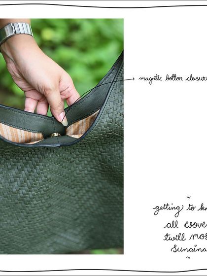 The magnetic button closure on the All Woven Twill Moss Sunaina, keeping the bag's contents secure.