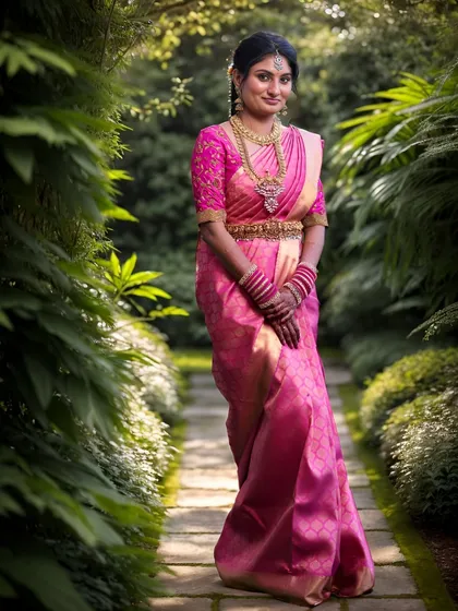 It is my greatest honor to be part of my clients' special moments. Here, a radiant bride celebrates her engagement, her joy perfectly complemented by a bespoke pink Kanchipuram silk saree and a custom-embroidered blouse I designed for her.