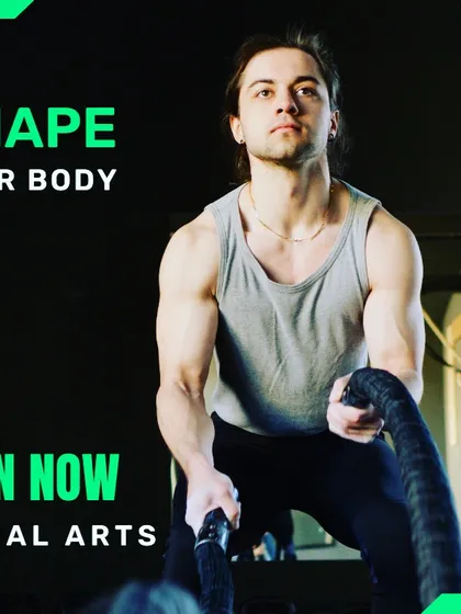 This graphic emphasizes our promise to help you shape your body through intense martial arts and strength training.