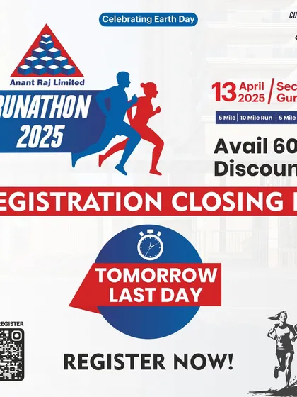 "Tomorrow is the last day to register!" This direct and urgent message for the Anant Raj Runathon, combined with a 60% discount, is highly effective at driving final registrations.