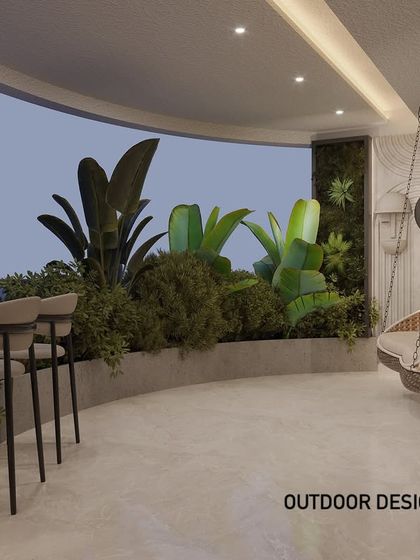 This shot captures the different zones of the curved balcony, from the bar-height seating at the railing to the inviting swing chair. The design maximizes the usable space while maintaining a green and open feel.