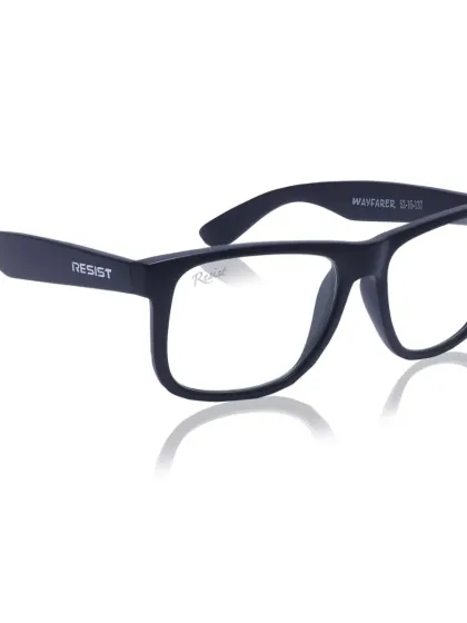 A clean product shot of black wayfarer-style eyeglasses on a white background with a subtle reflection, emphasizing the frame's shape and branding.