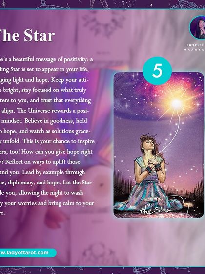 The Star card brings a beautiful message of positivity. A guiding star is set to appear in your life, bringing light and hope. Keep your attitude bright, stay focused on what truly matters, and trust that everything will align.