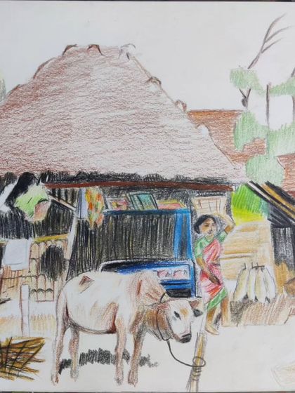 A young student works on a detailed landscape drawing with color pencils, learning to recreate a complex scene from a reference photo.