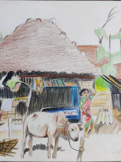 A young student works on a detailed landscape drawing with color pencils, learning to recreate a complex scene from a reference photo.