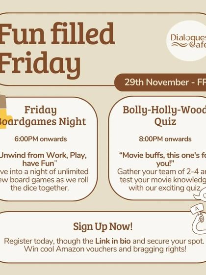 Another flyer for our Friday board game night, inviting you to unwind from work and roll the dice with us.