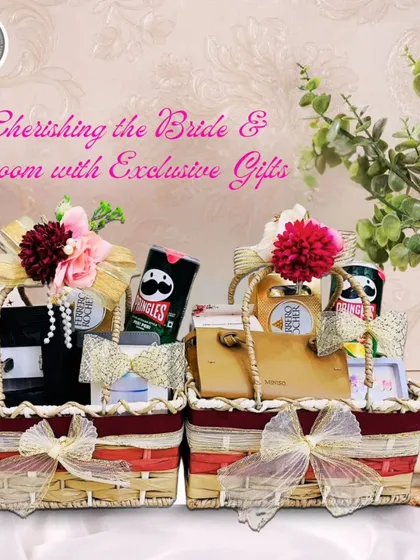 Cherishing the bride and groom with exclusive gifts. These matching baskets are perfect for gifting the couple, filled with a curated selection of their favorite things.