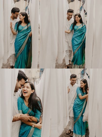 A collage of playful and romantic moments, peeking through white drapes, showcasing the couple's fun-loving chemistry.