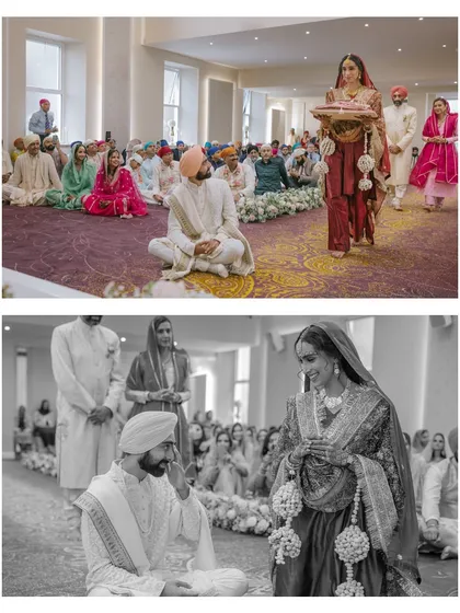 The bride, Shaan, makes her entrance at the Anand Karaj ceremony in London. The groom, Shubham, turns to look at her, and in that moment, their eyes meet, marking the beginning of their spiritual union.