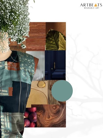 A mood board for the Earthlines set, showing the palette borrowed from nature. The design is crafted with earthy hues of green, brown, and black, perfect for those who feel connected to the landscape.