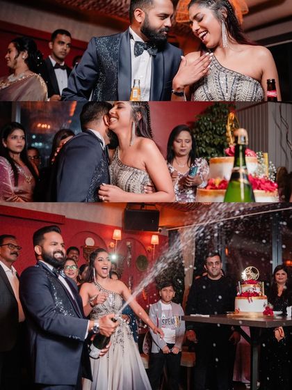 A collage of moments from the wedding after-party, from popping champagne to candid laughter and dancing.