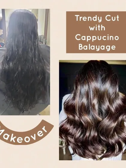 This is our popular cappuccino balayage, paired with a trendy new haircut. We created rich, warm tones that blend perfectly with the client's natural base color, and finished with soft waves to show off the dimension and shine.