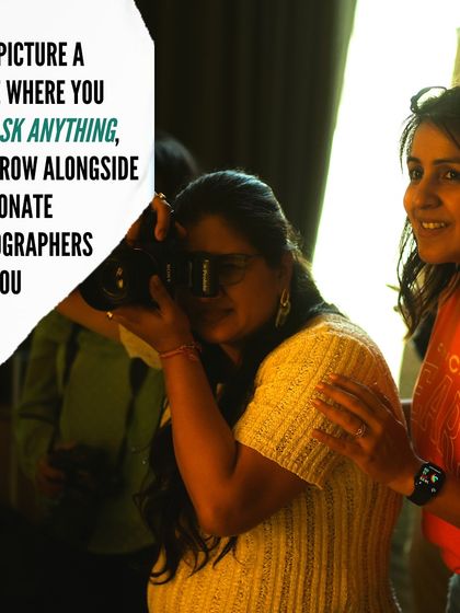 A graphic showing me guiding a student, with text about the value of asking questions and growing alongside passionate photographers.