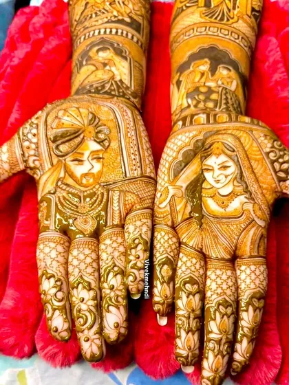 Your faces, your love story, drawn on your hands. I specialize in creating realistic bride and groom portraits that become the heart of your bridal mehndi. It’s a personal touch that makes your design truly one of a kind.