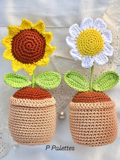 Bring everlasting cheer to your desk or shelf. Our adorable potted crochet sunflower and daisy are perfect little companions that add a touch of handmade charm to any space, no watering required.