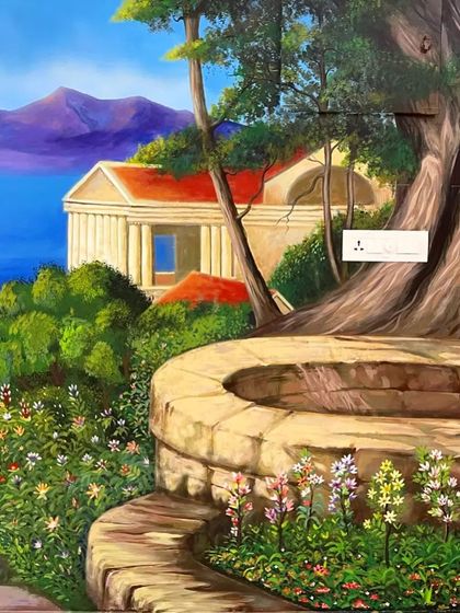 This section of the landscape mural highlights the classical architecture and a large tree, adding a timeless, storybook quality to the scene.
