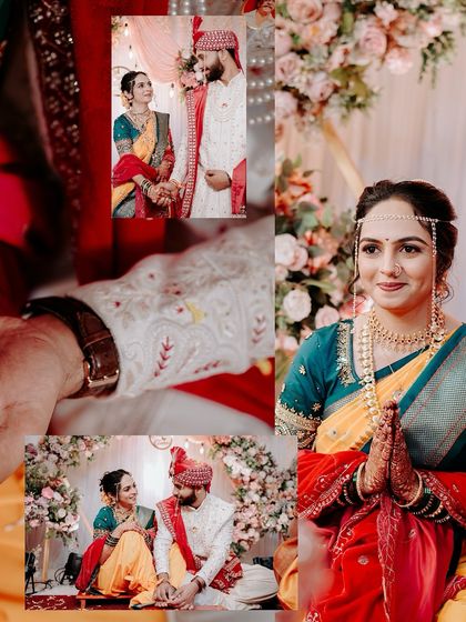 This collection of images shows the bride's serene expressions during the ceremony. Her respectful 'namaste' and the quiet moments with her groom are captured against a backdrop of beautiful floral decor.