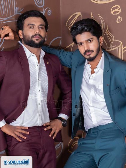 Another shot of Karikku stars Sabareesh (Lolan) and Aniyan (George) for their Grihalakshmi feature. We styled them to look sharp and professional.