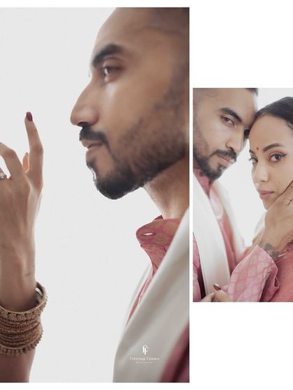 A stylish collage from an engagement shoot, focusing on artistic close-ups of the couple's faces and hands, highlighting the ring and their gentle touch.