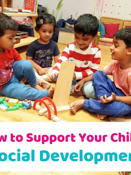 A group of children learning to play a wooden train game together. This is how we support a child's social development, through shared goals and cooperative play.