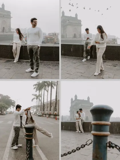 A collage of candid moments from a pre-wedding shoot around the Gateway of India, capturing playful interactions and romantic glances against this famous backdrop.