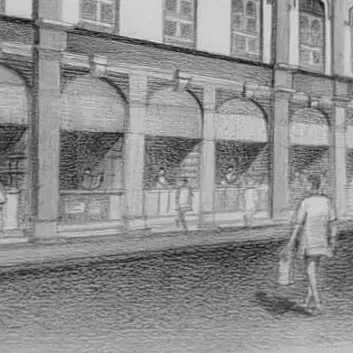 A close-up detail of the Sicka Nagar drawing, showing the people and shops that bring the street to life.
