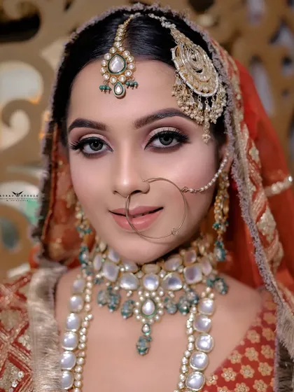 A flawless close-up portrait showcasing the bride's stunning makeup, nath, and elaborate jewelry.