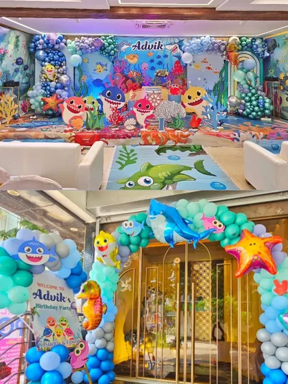 For a truly immersive experience, I can transform an entire room. This Baby Shark theme features a complete underwater world with themed flooring, wall-to-wall backdrops, and character props that make kids feel like they're part of the show.