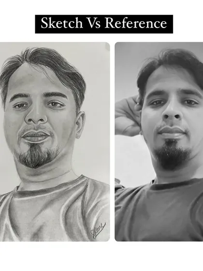 See the magic happen. This side-by-side comparison shows the original reference photo next to my finished A5 pencil sketch, highlighting the accuracy and artistic interpretation in my portrait work.