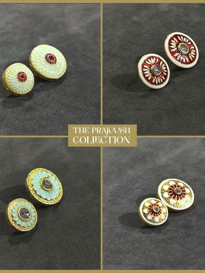 Explore the variety in our traditional button collection. This collage displays four different designs, each featuring a central stone and detailed enamel work in colors like mint green, red, and classic ivory.