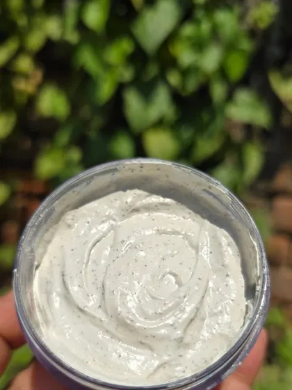 A close up of my 3 in 1 Instant Facial Scrub. This is a powerhouse product that cleanses, exfoliates, and brightens your skin all at once. It's perfect for removing dead cells, controlling acne, and tackling blackheads.