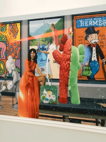 The full view of "The Museum Heist," a mixed-media artwork where characters from pop culture and high fashion converge in a surreal, augmented reality-enhanced scene.