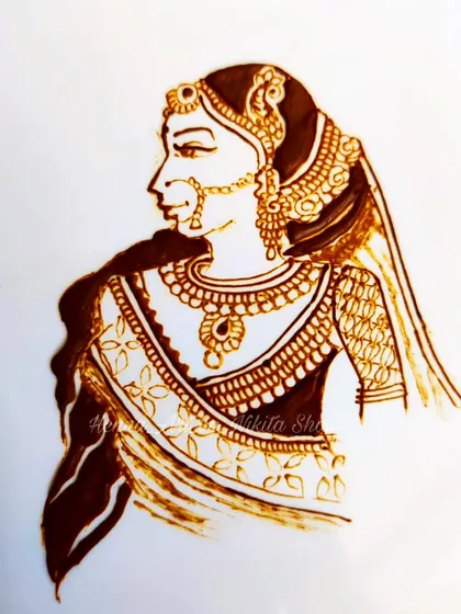 A single, elegant bridal figure, known as 'Jhamkudi'. This type of portrait is perfect for adding a touch of grace and tradition to any mehendi design.