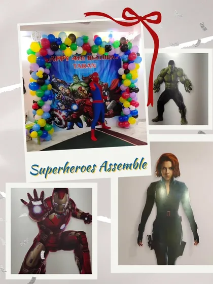 For this 4th birthday, we assembled the Avengers. I can bring any superhero theme to life with vibrant backdrops, balloon arches, and life-sized character cutouts. I even arrange for costumed entertainers, like Spiderman here, to surprise the kids.