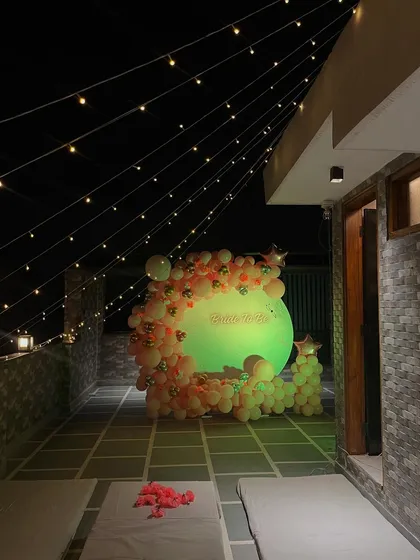 The full view of the decorated terrace, ready for a bridal shower or bachelorette party.
