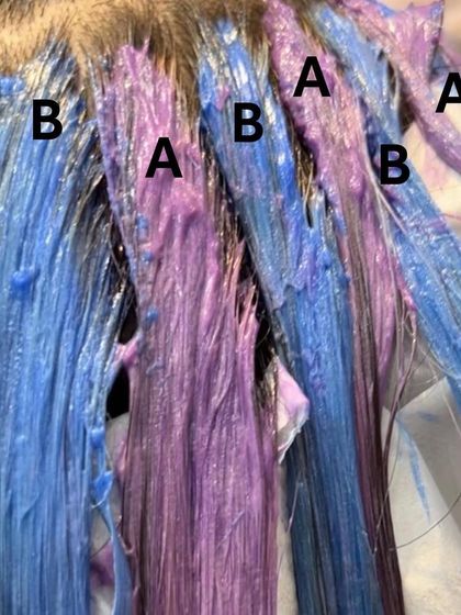 The application of the different color formulas in alternating sections, marked A and B, to create the final dimensional result.