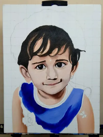 A work-in-progress shot of a custom child portrait. The face and basic clothing colors are blocked in, and you can see the grid lines I use to maintain accurate proportions from the reference photo.