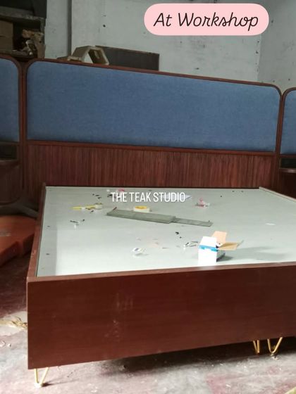 Here is the bed frame from the inspiration photo, seen here in my workshop during the crafting process before delivery.