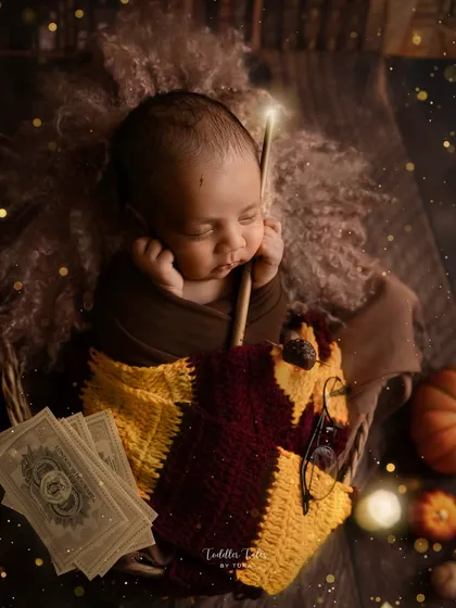 A sleeping newborn wizard, complete with a wand and Gryffindor scarf. This cozy, detailed shot is perfect for parents who want to introduce their little one to a world of magic from day one.