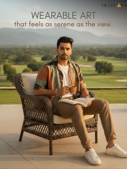 The Earthlines Men's Art Shirt, styled for a moment of serene reflection. Crafted in premium breathable silk, this shirt feels like wearing a piece of the landscape itself, perfect for a resort holiday or a quiet coffee.