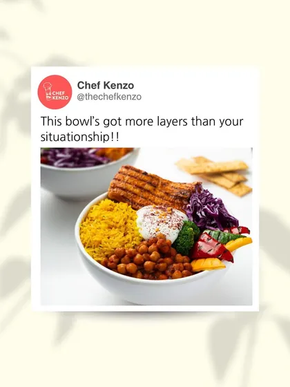 This bowl's got more layers than your situationship. A fun meme-style post showing off the complexity of my Shish Tawook bowl.